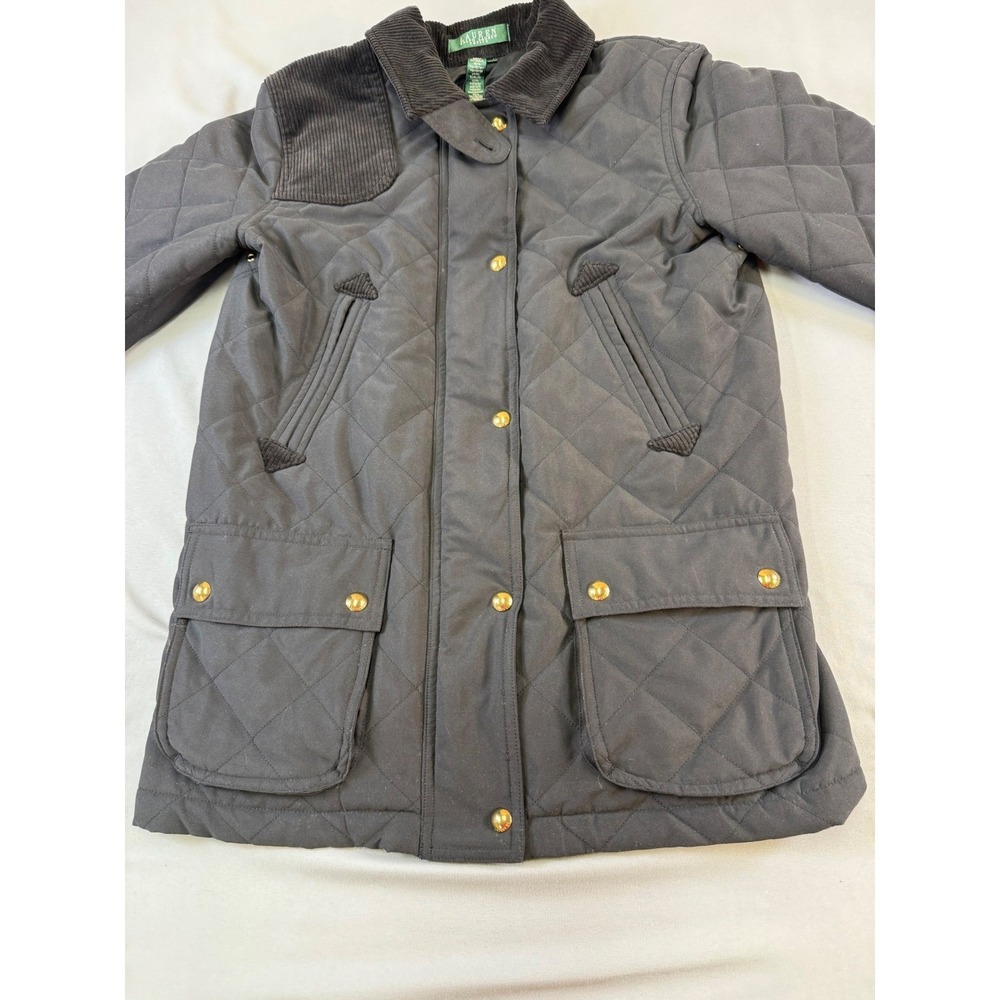 Lauren Ralph Lauren Petite Black Quilted Barn Jacket Corduroy Collar Size PS